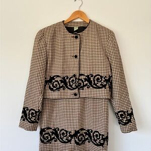 Vintage Ribelle Wool Houndstooth Blazer and Skirt Suit Set with Black Detailing